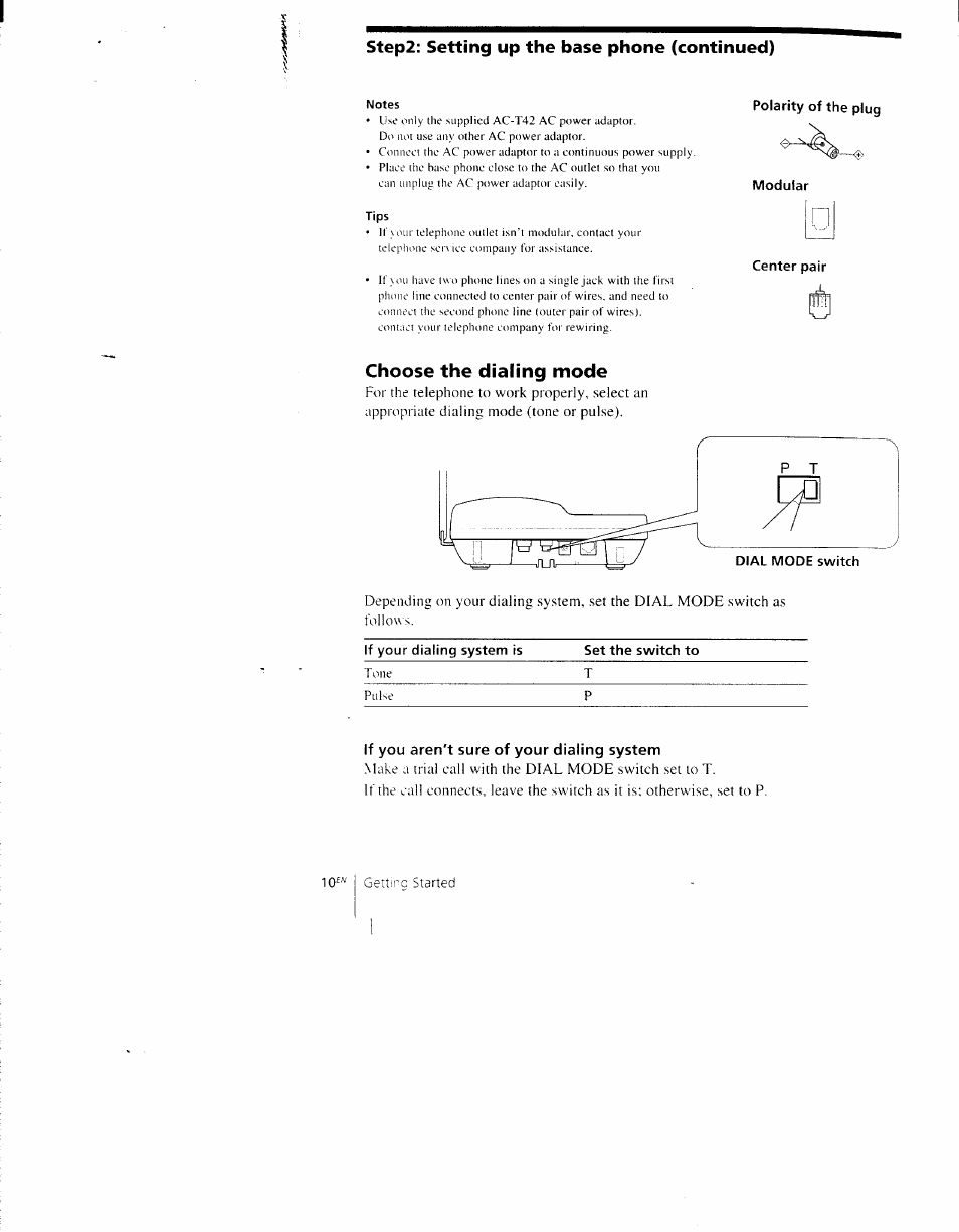 Choose the dialing mode, If you aren't sure of your dialing system, Step2: setting up the base phone (continued) | Sony SPP-AQ600 User Manual | Page 10 / 98