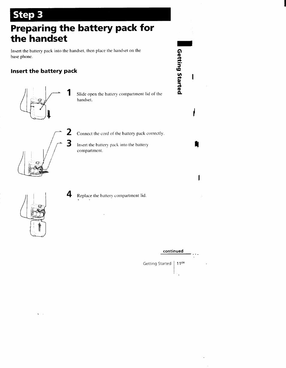 Preparing the battery pack for the handset, Insert the battery pack, Step 3 | Sony SPP-AQ600 User Manual | Page 11 / 98