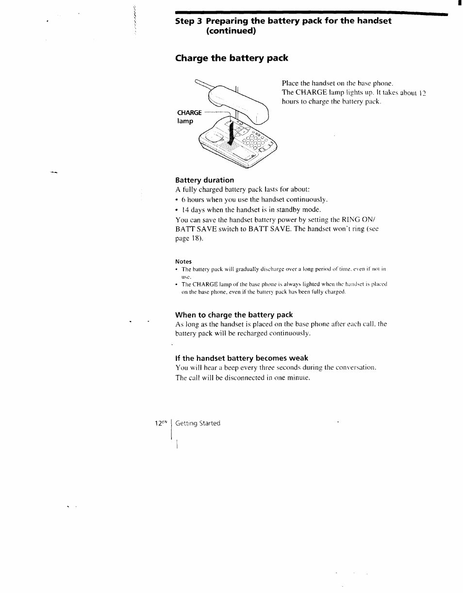 Charge the battery pack, Battery duration, When to charge the battery pack | If the handset battery becomes weak | Sony SPP-AQ600 User Manual | Page 12 / 98