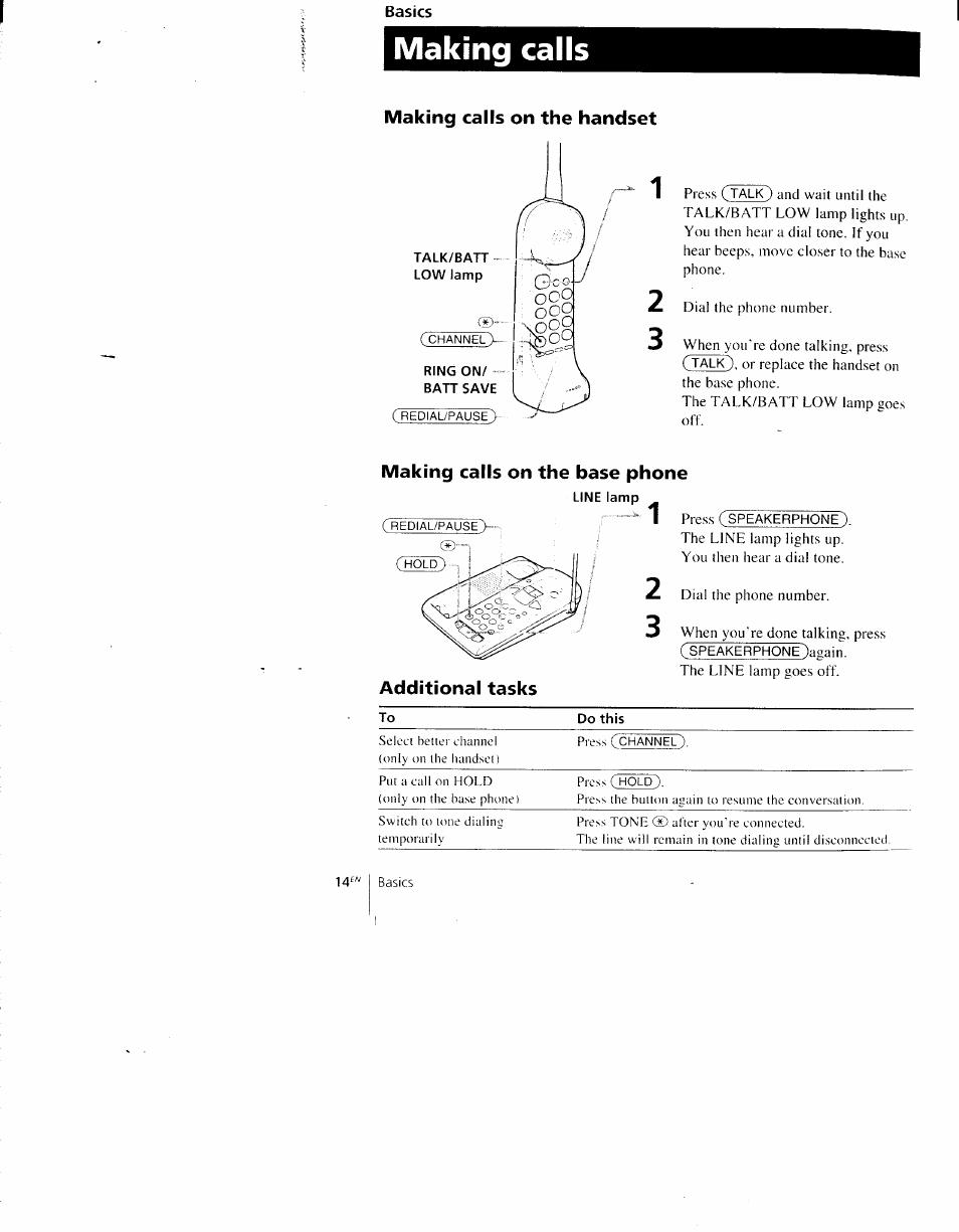 Making calls, Making calls on the handset, Making calls on the base phone | Additional tasks | Sony SPP-AQ600 User Manual | Page 14 / 98