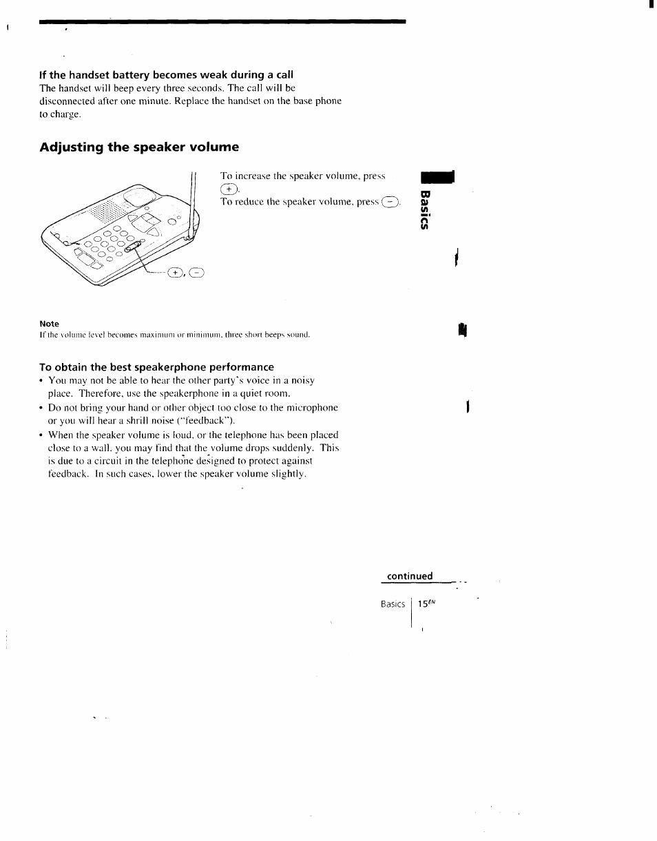If the handset battery becomes weak during a call, Adjusting the speaker volume, To obtain the best speakerphone performance | Basics 15 | Sony SPP-AQ600 User Manual | Page 15 / 98