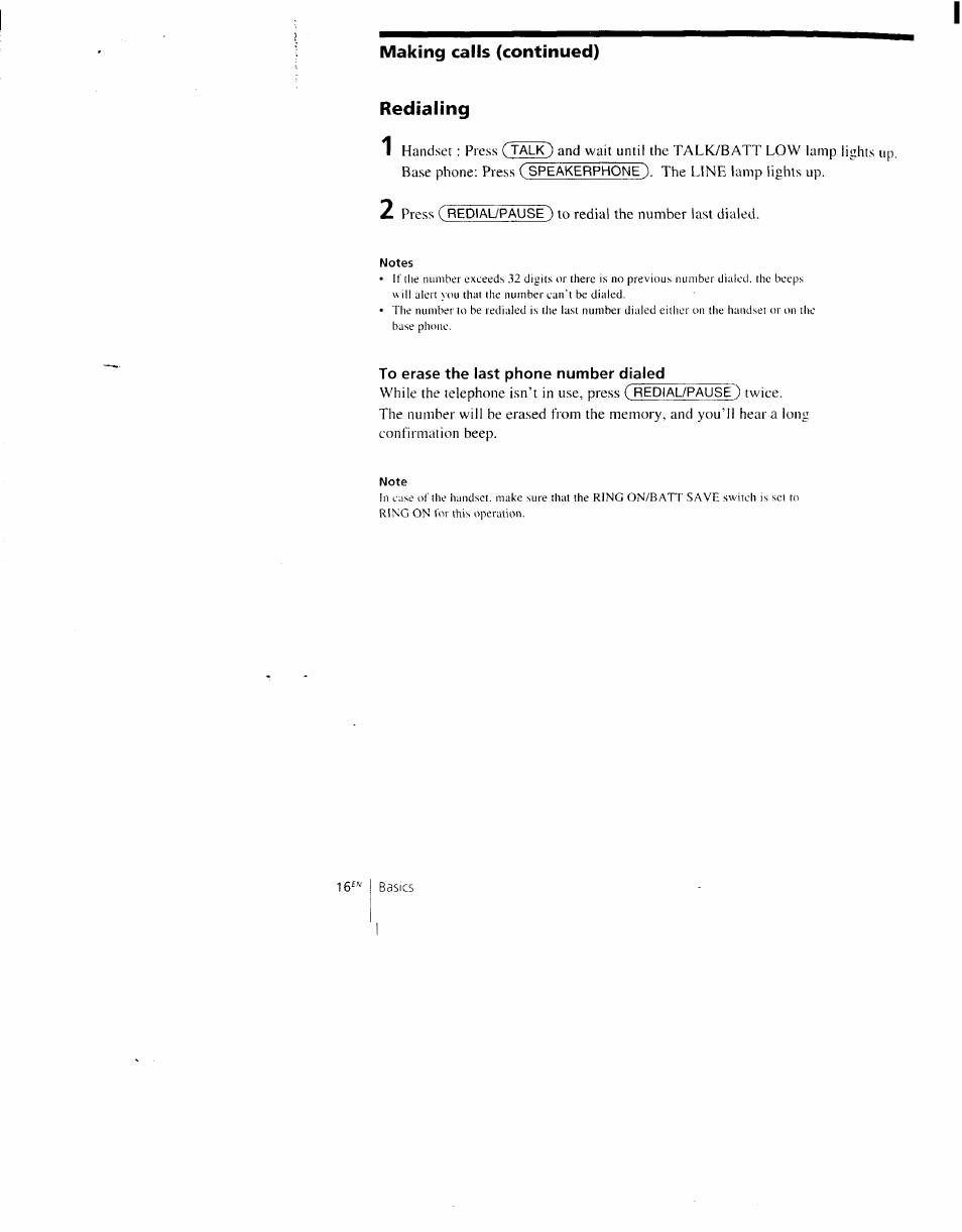 Redialing, 16™ basics | Sony SPP-AQ600 User Manual | Page 16 / 98