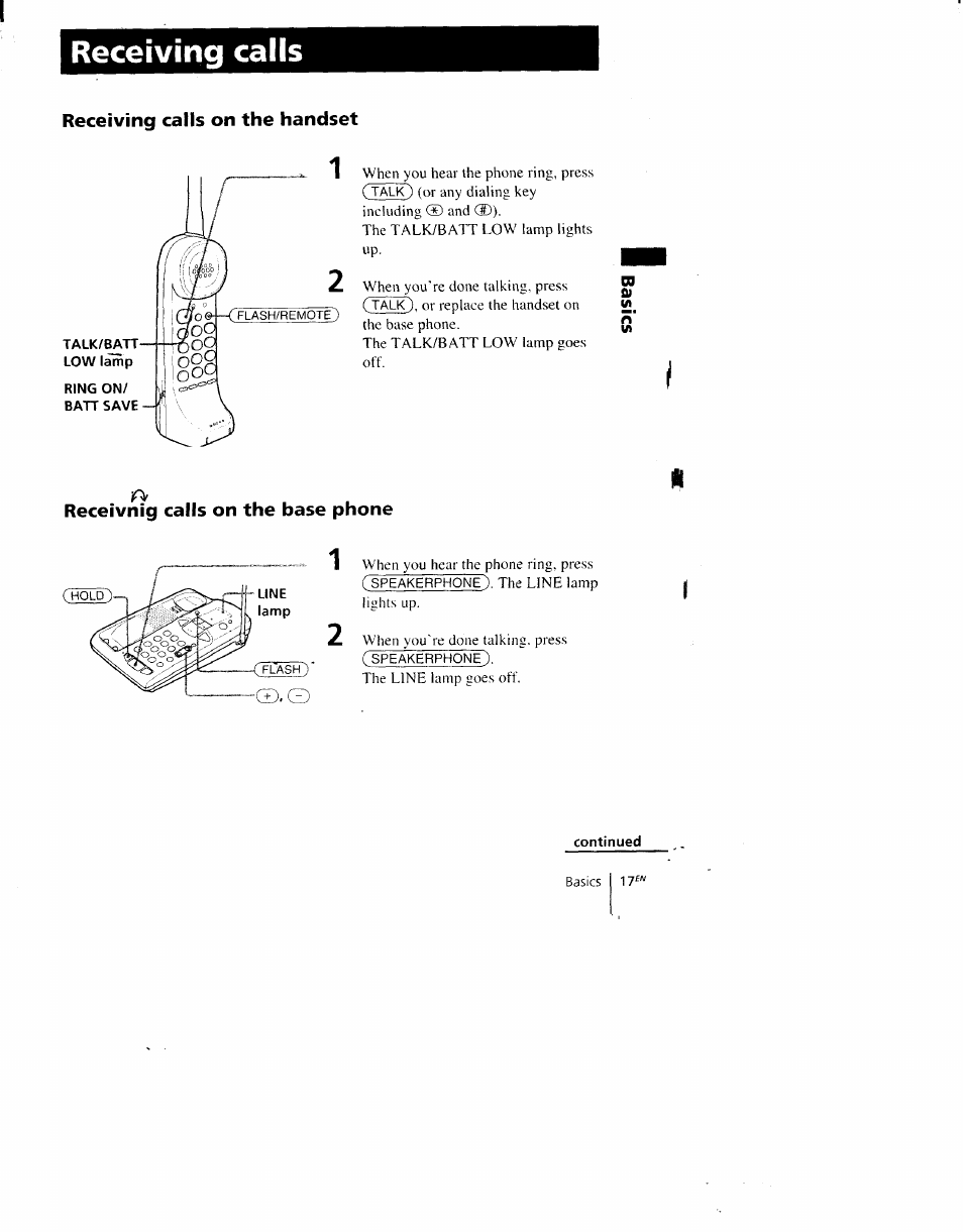 Receiving calls, Receiving calls on the handset, Receivnig calls on the base phone | Basics 17 | Sony SPP-AQ600 User Manual | Page 17 / 98