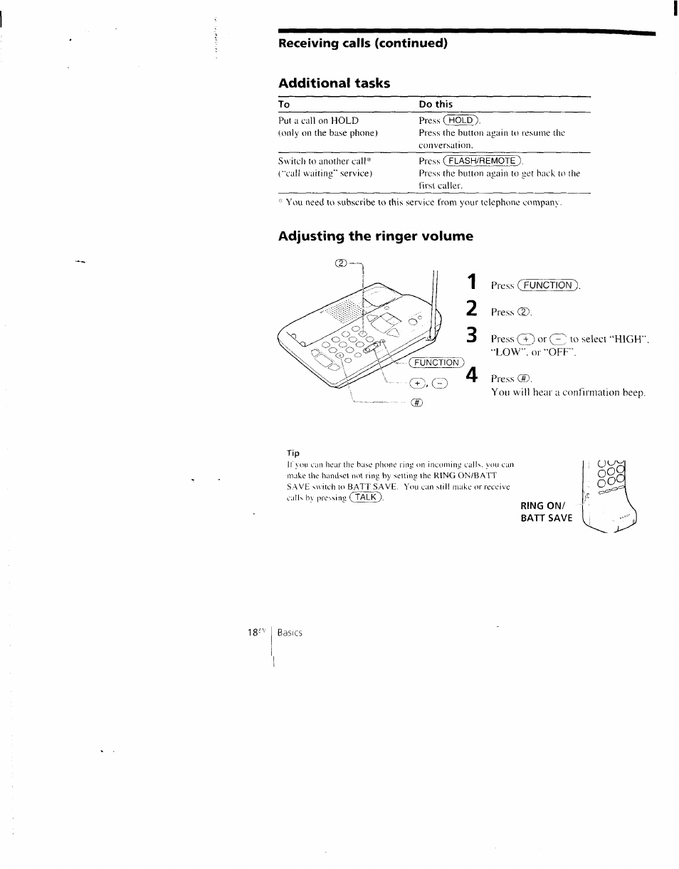 Receiving calls (continued) additional tasks, Adjusting the ringer volume, Basics | Sony SPP-AQ600 User Manual | Page 18 / 98