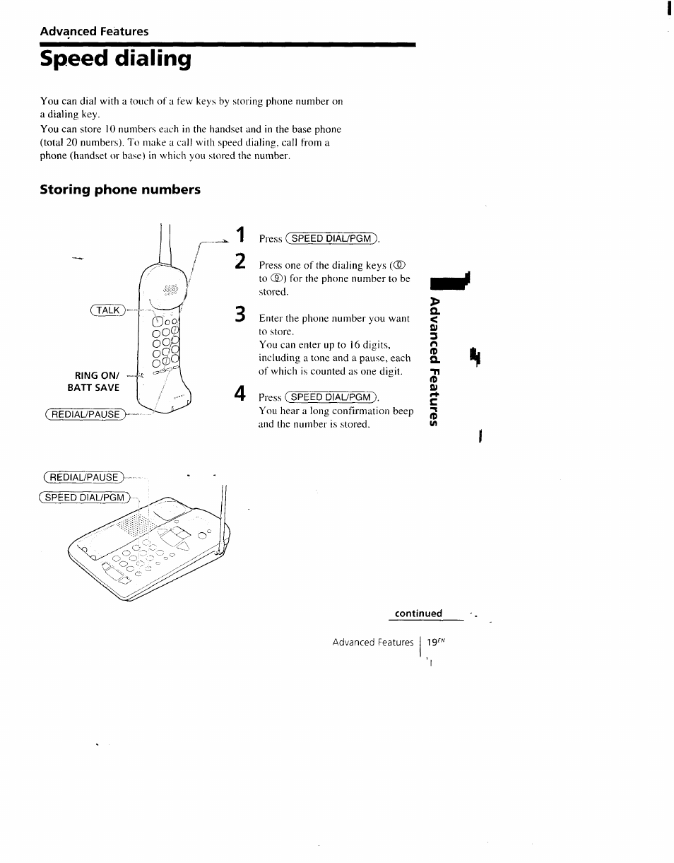 Speed dialing, Storing phone numbers | Sony SPP-AQ600 User Manual | Page 19 / 98