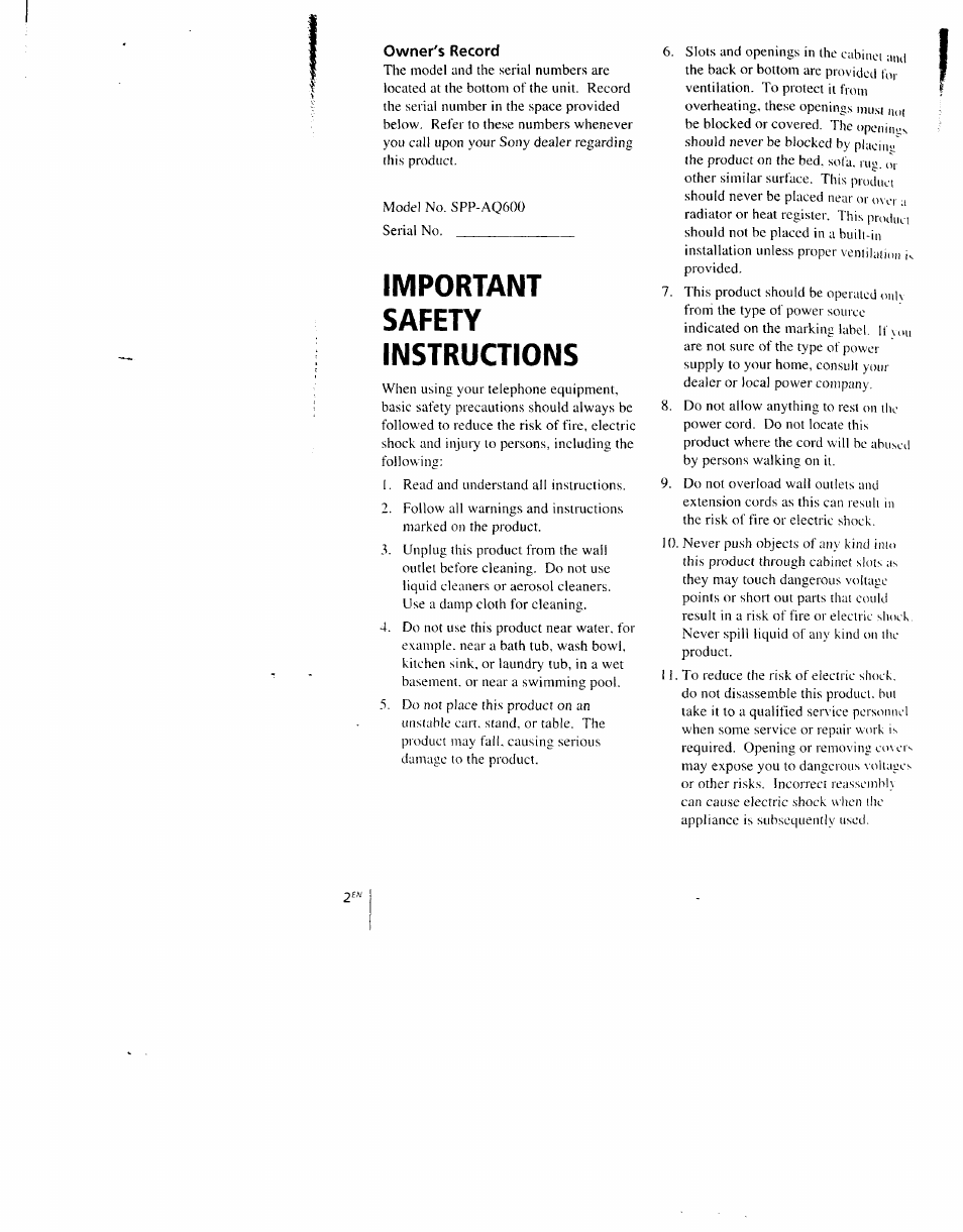 Owner's record, Important, Safety | Instructions, Important safety instructions | Sony SPP-AQ600 User Manual | Page 2 / 98