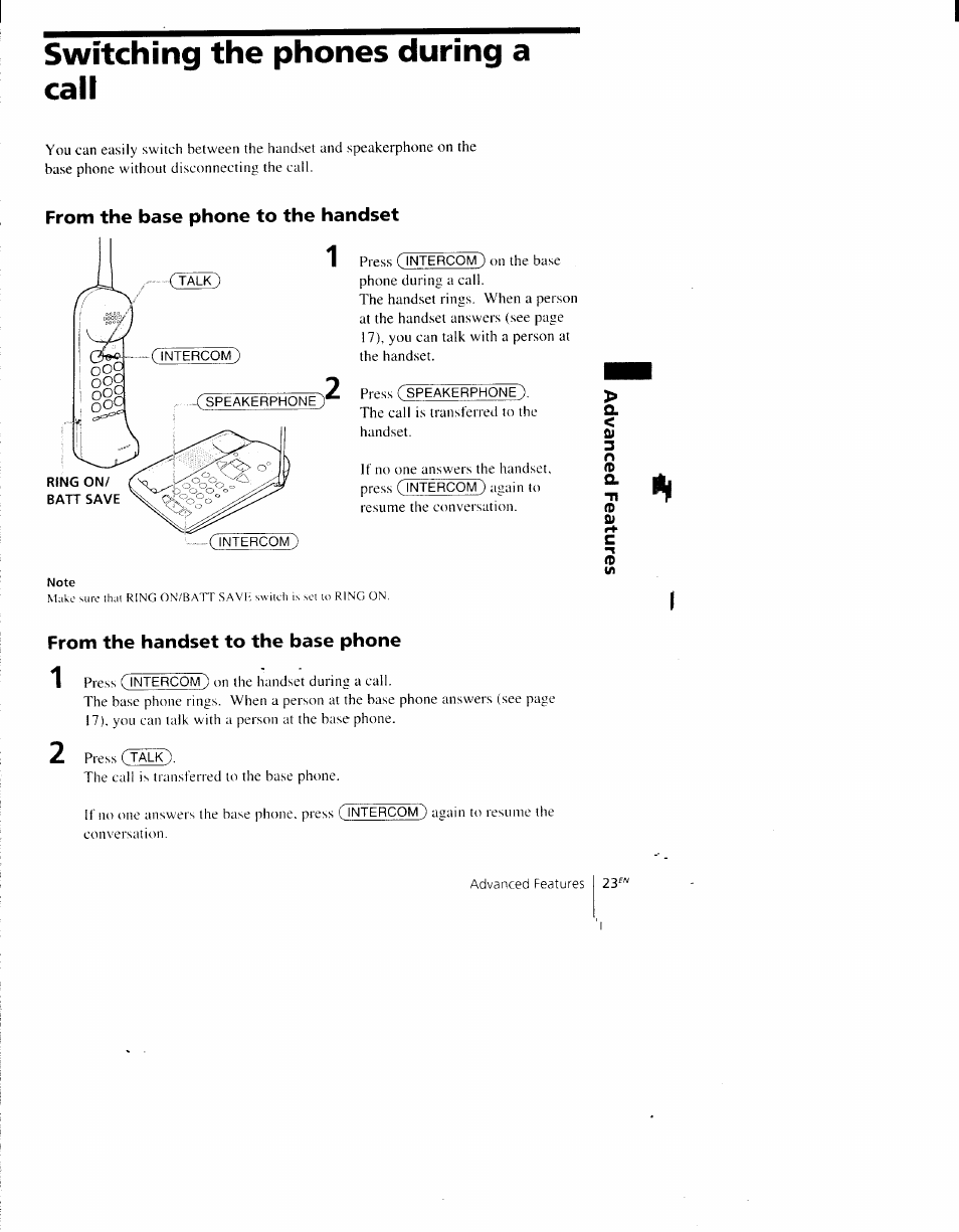Switching the phones during a call, From the base phone to the handset, From the handset to the base phone | Sony SPP-AQ600 User Manual | Page 23 / 98