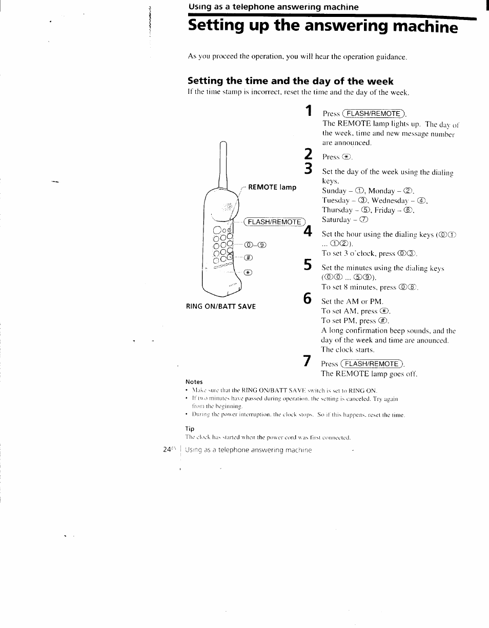 Using as a telephone answering machine, Setting up the answering machine, Setting the time and the day of the week | Sony SPP-AQ600 User Manual | Page 24 / 98