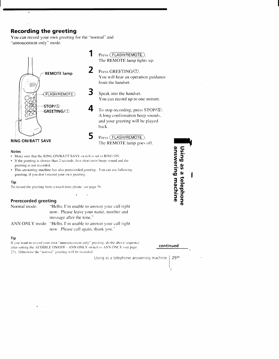 Recording the greeting, Prerecorded greeting | Sony SPP-AQ600 User Manual | Page 25 / 98