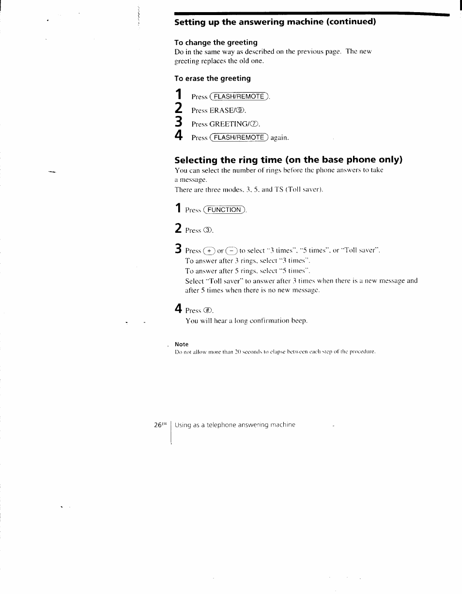 To change the greeting, To erase the greeting, Selecting the ring time (on the base phone only) | Sony SPP-AQ600 User Manual | Page 26 / 98