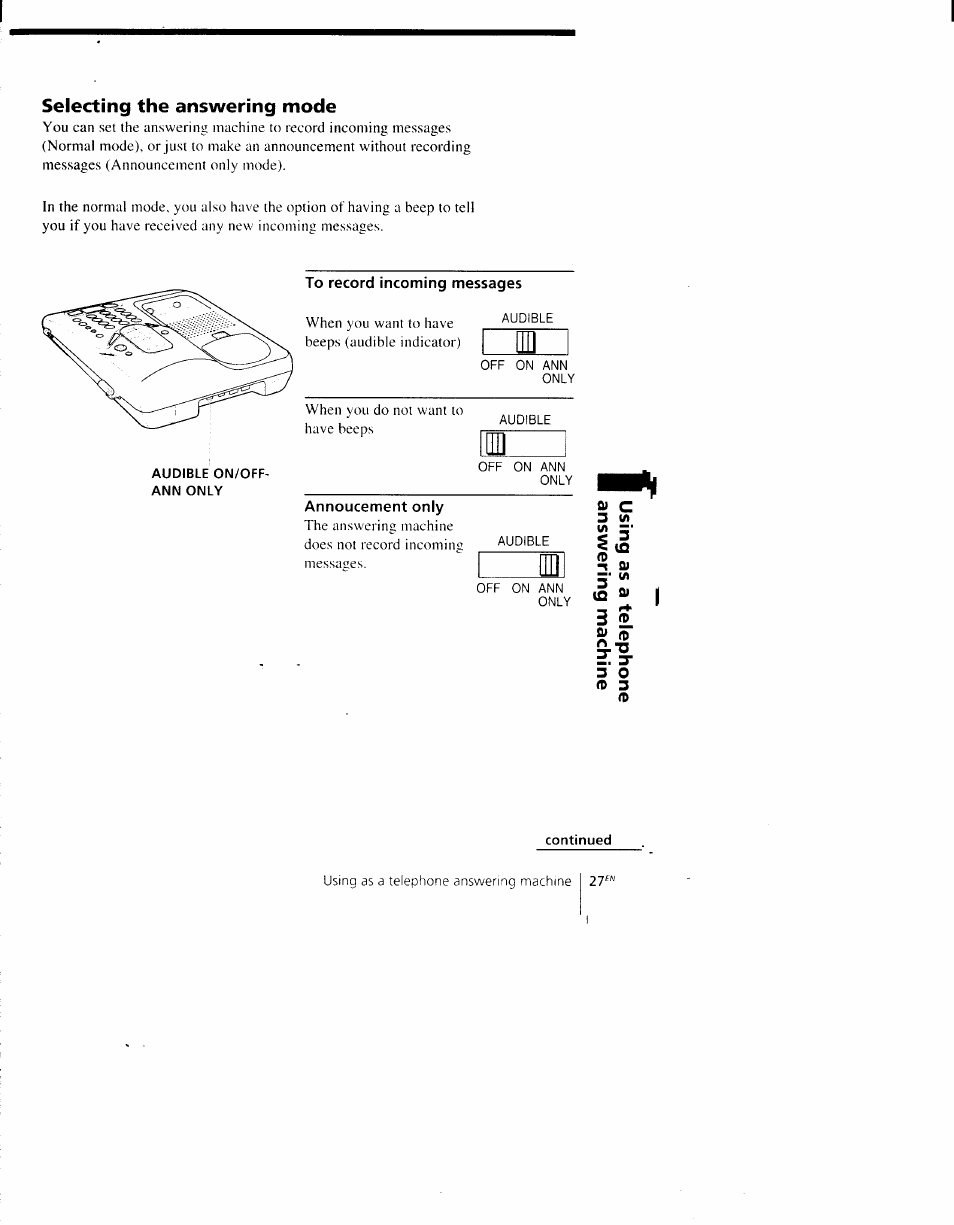 Selecting the answering mode, To record incoming messages, Annoucement only | Fij c | Sony SPP-AQ600 User Manual | Page 27 / 98