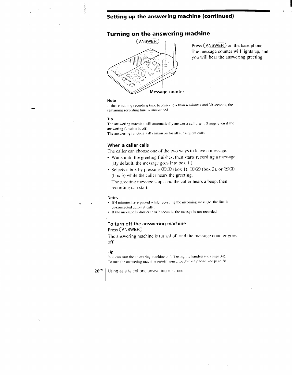 When a caller calls, To turn off the answering machine, Setting up the answering machine (continued) | Sony SPP-AQ600 User Manual | Page 28 / 98