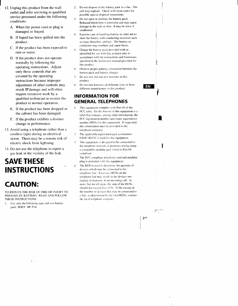 Save these instruaions, Information for general telephones, Caution | Sony SPP-AQ600 User Manual | Page 3 / 98