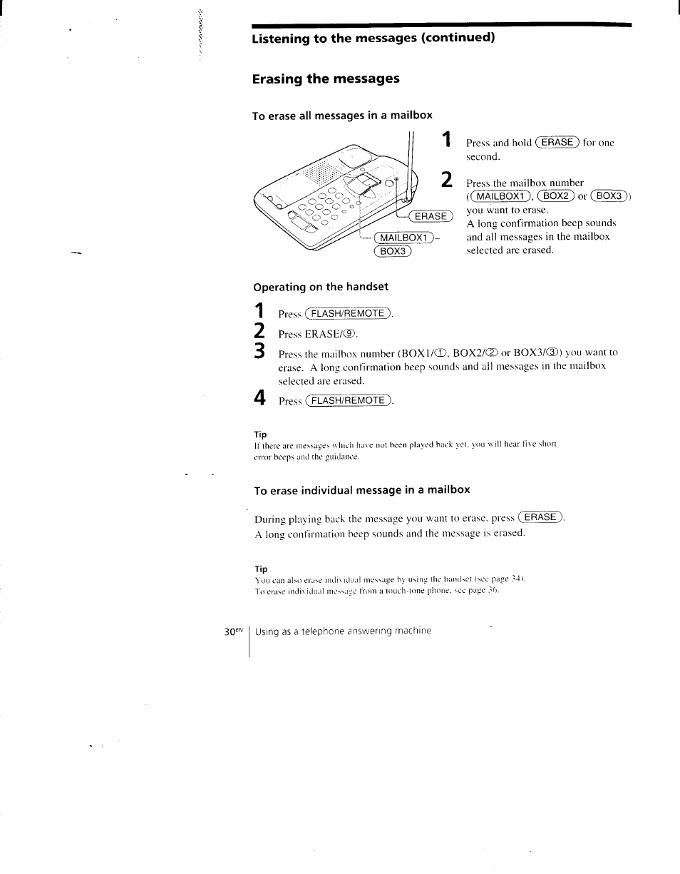 Erasing the messages, To erase all messages in a mailbox, To erase individual message in a mailbox | Sony SPP-AQ600 User Manual | Page 30 / 98