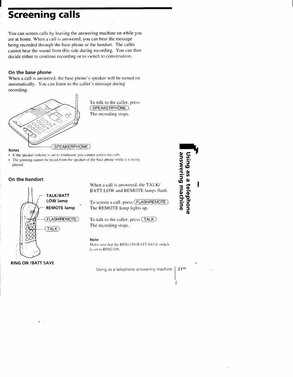 Screening calls, On the handset, 5‘ 3 il | Sony SPP-AQ600 User Manual | Page 31 / 98