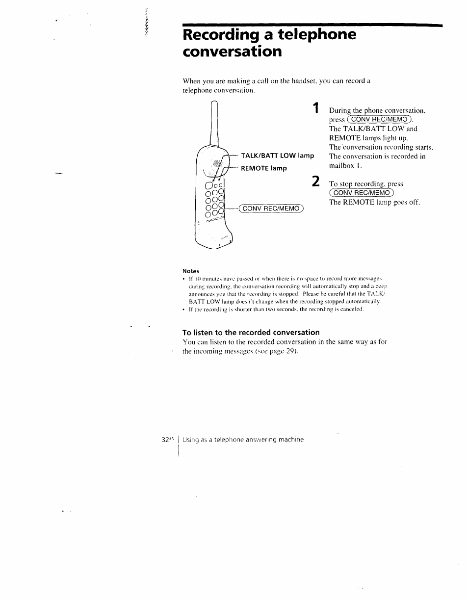 Recording a telephone conversation, To listen to the recorded conversation | Sony SPP-AQ600 User Manual | Page 32 / 98