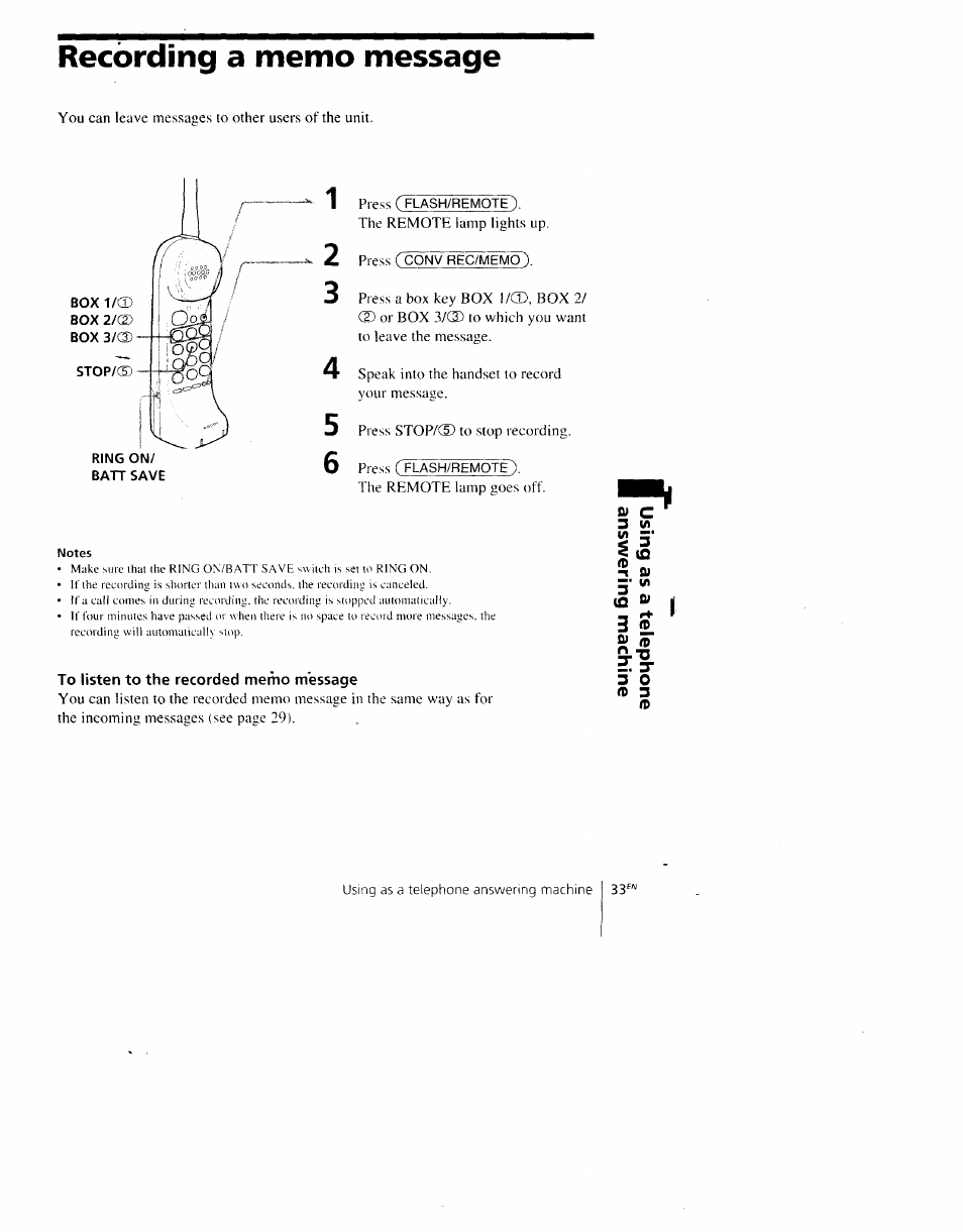 Recording a memo message, To listen to the recorded memo message | Sony SPP-AQ600 User Manual | Page 33 / 98