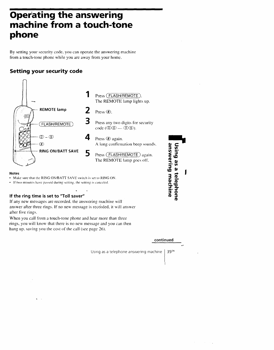 Setting your security code, If the ring time is set to "toll saver, Q fit | Sony SPP-AQ600 User Manual | Page 35 / 98