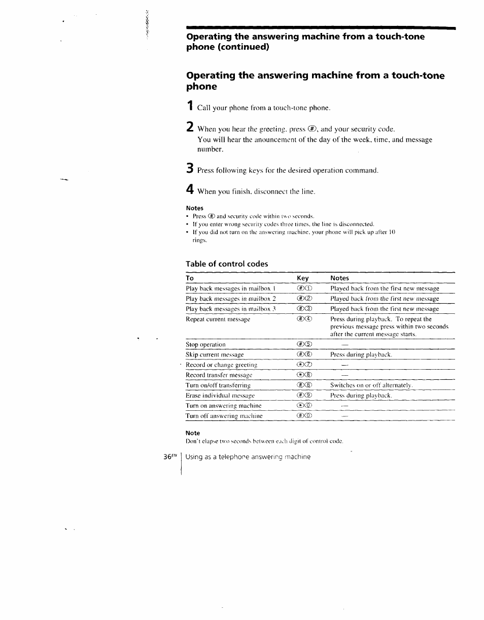 Table of control codes | Sony SPP-AQ600 User Manual | Page 36 / 98