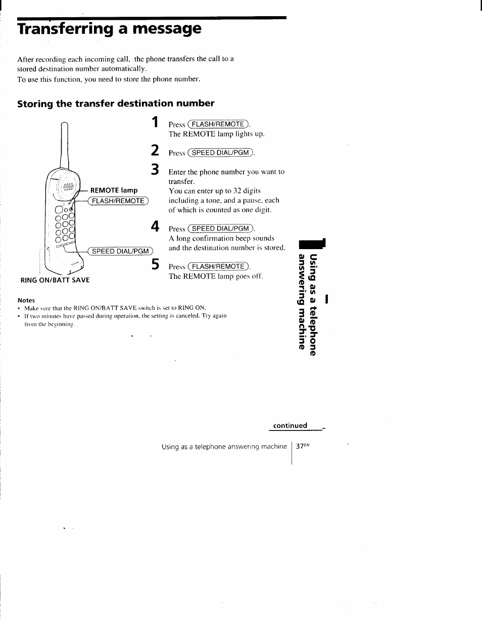 Transferring a message, Storing the transfer destination number | Sony SPP-AQ600 User Manual | Page 37 / 98