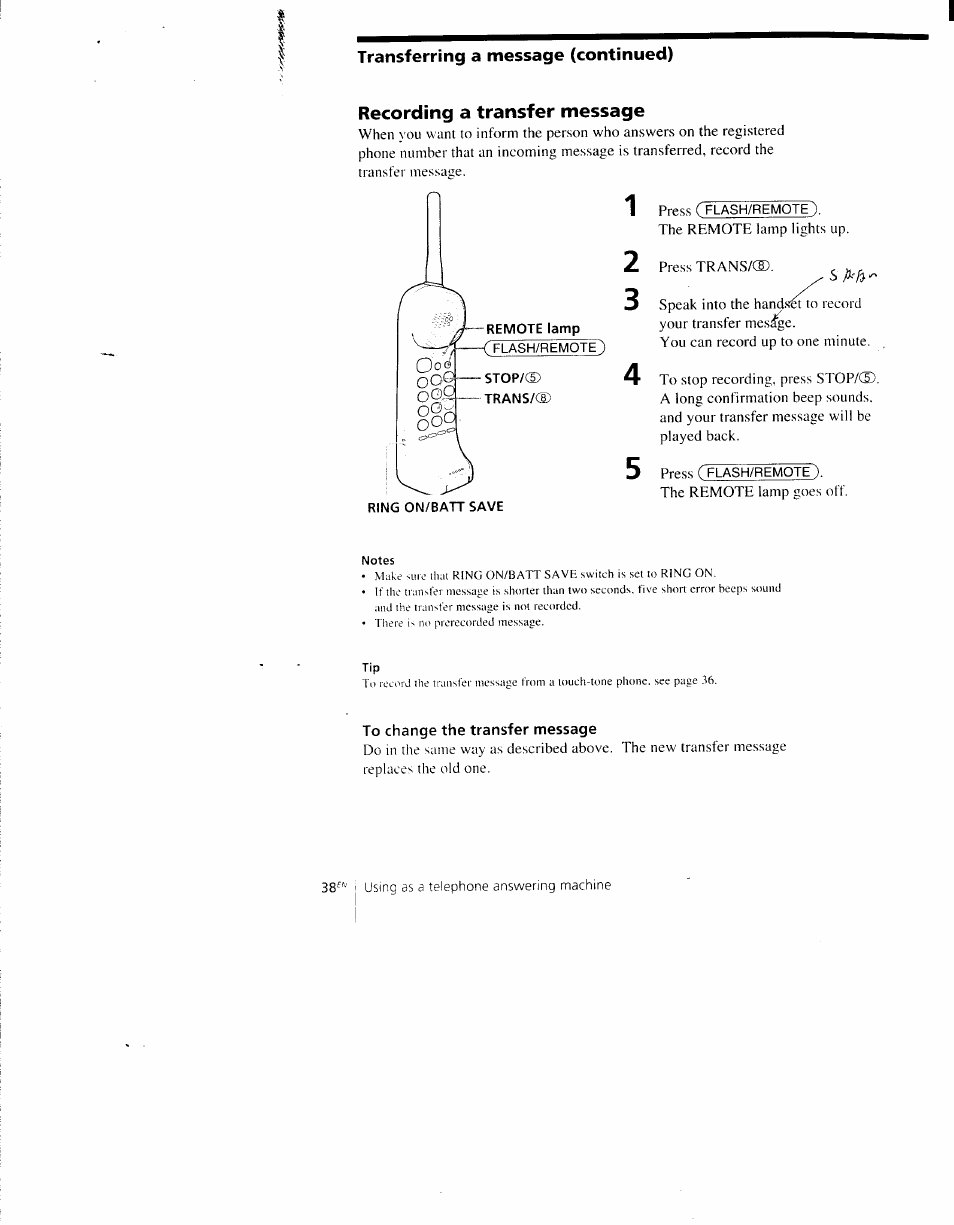 Recording a transfer message, To change the transfer message | Sony SPP-AQ600 User Manual | Page 38 / 98