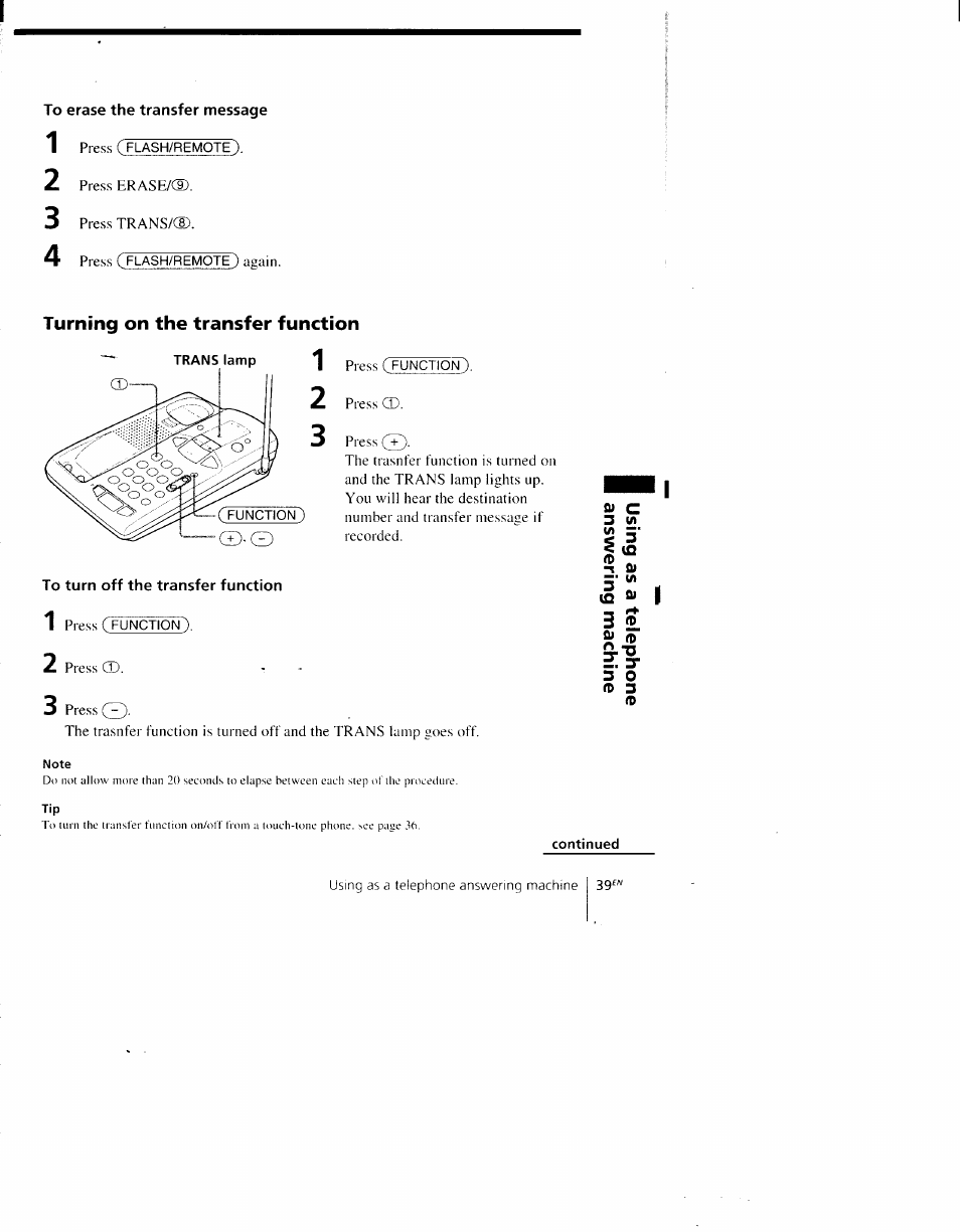 To erase the transfer message, Turning on the transfer function, To turn off the transfer function | Sony SPP-AQ600 User Manual | Page 39 / 98