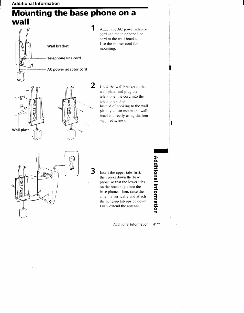 Mounting the base phone on a wall | Sony SPP-AQ600 User Manual | Page 41 / 98