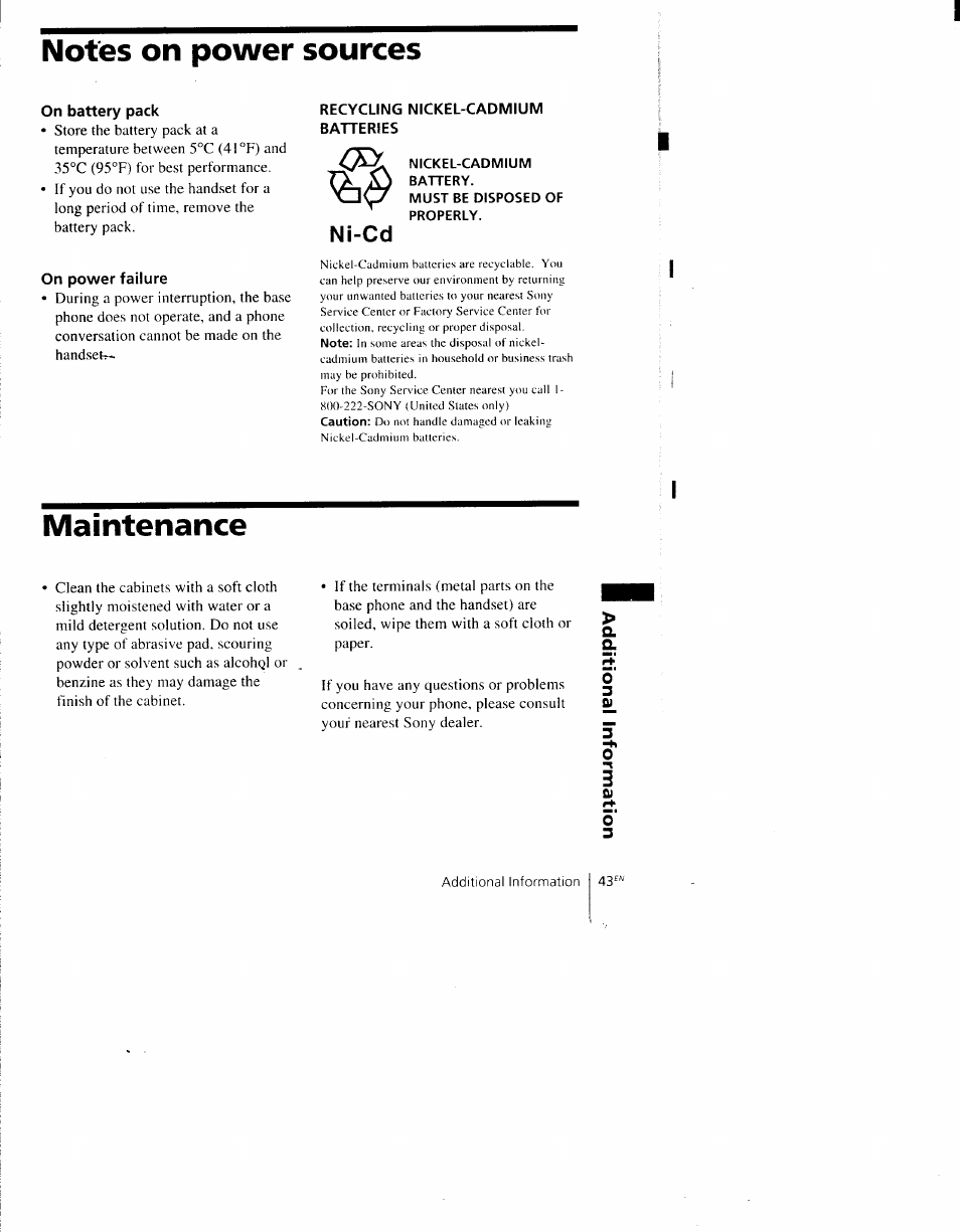 Notes on power sources, On battery pack, On power failure | Recycling nickel-cadmium batteries, Maintenance, Ni-cd | Sony SPP-AQ600 User Manual | Page 43 / 98