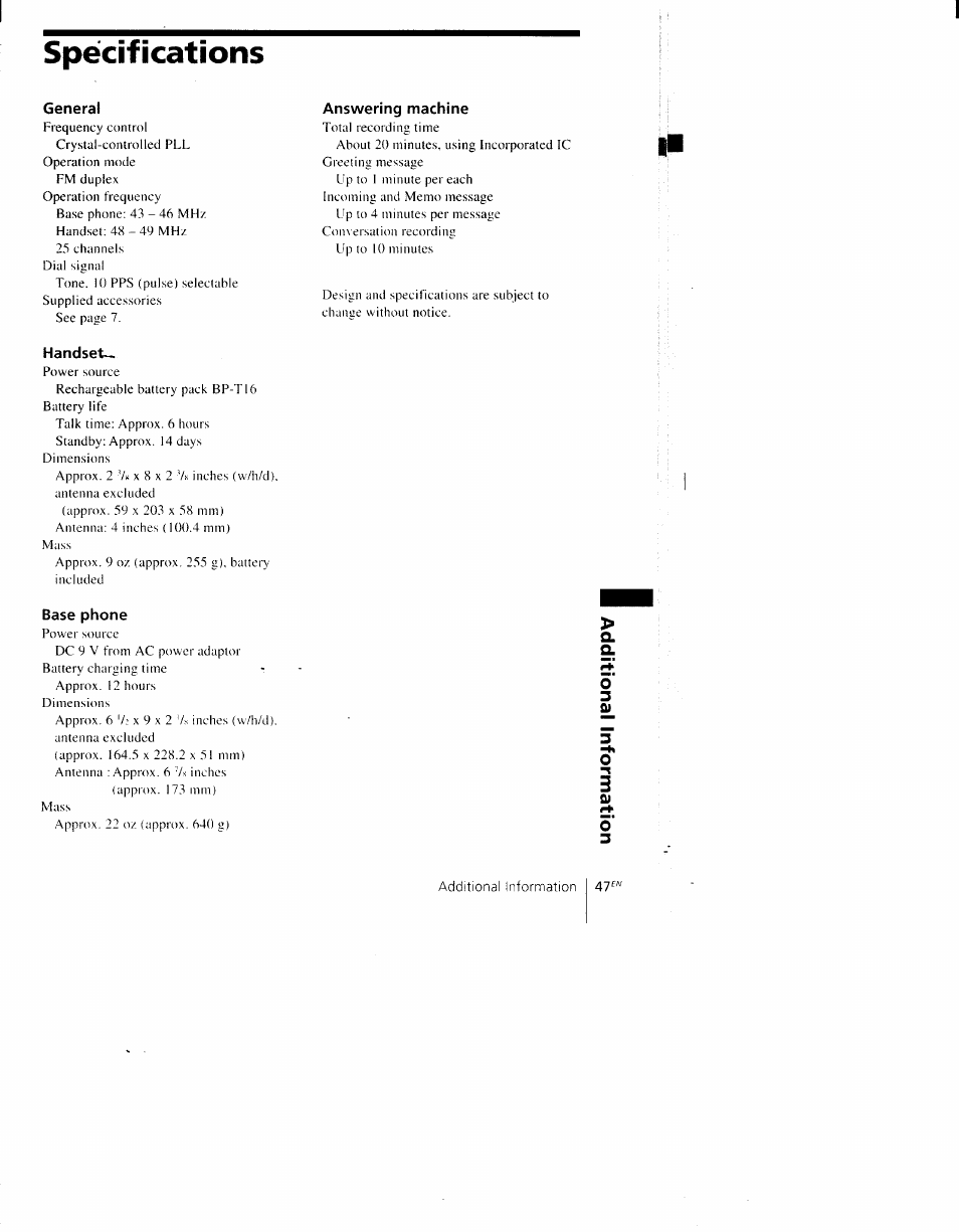 Spécifications, General, Answering machine | Handset, Base phone | Sony SPP-AQ600 User Manual | Page 47 / 98