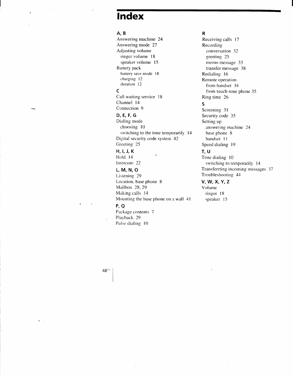 Index, A, b | Sony SPP-AQ600 User Manual | Page 48 / 98