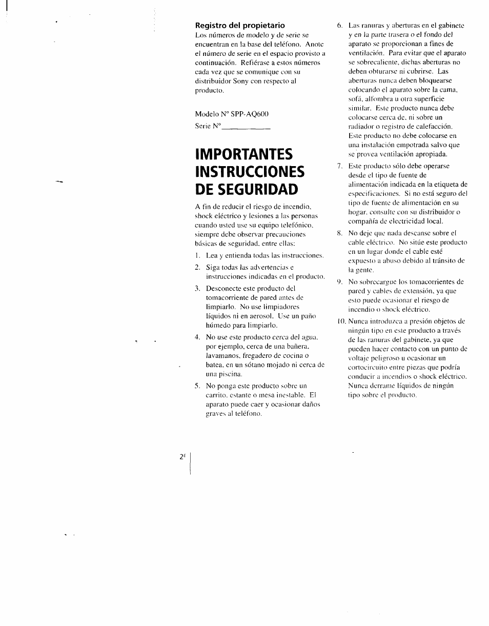 Registro del propietario, Importantes instrucciones de seguridad | Sony SPP-AQ600 User Manual | Page 50 / 98