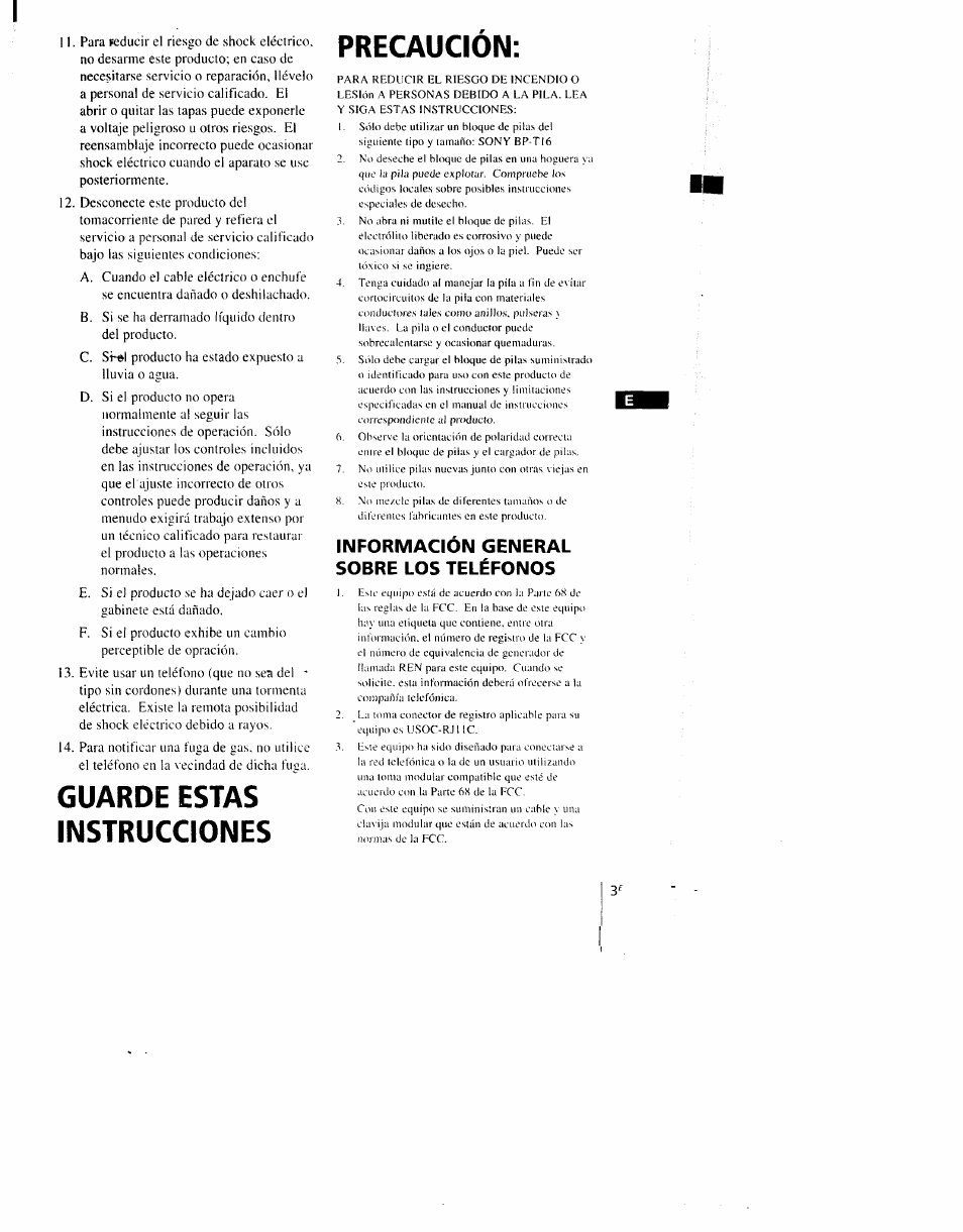 Guarde estas instrucciones, Precaucion, Informacion general sobre los teléfonos | Guarde estas instrucciones precaucion | Sony SPP-AQ600 User Manual | Page 51 / 98