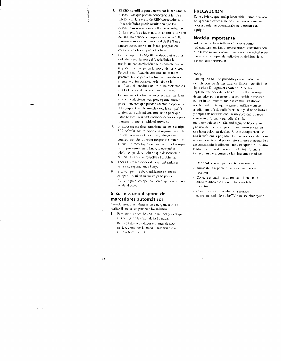 Si su teléfono dispone de marcadores automáticos, Precaucion, Noticia importante | Sony SPP-AQ600 User Manual | Page 52 / 98