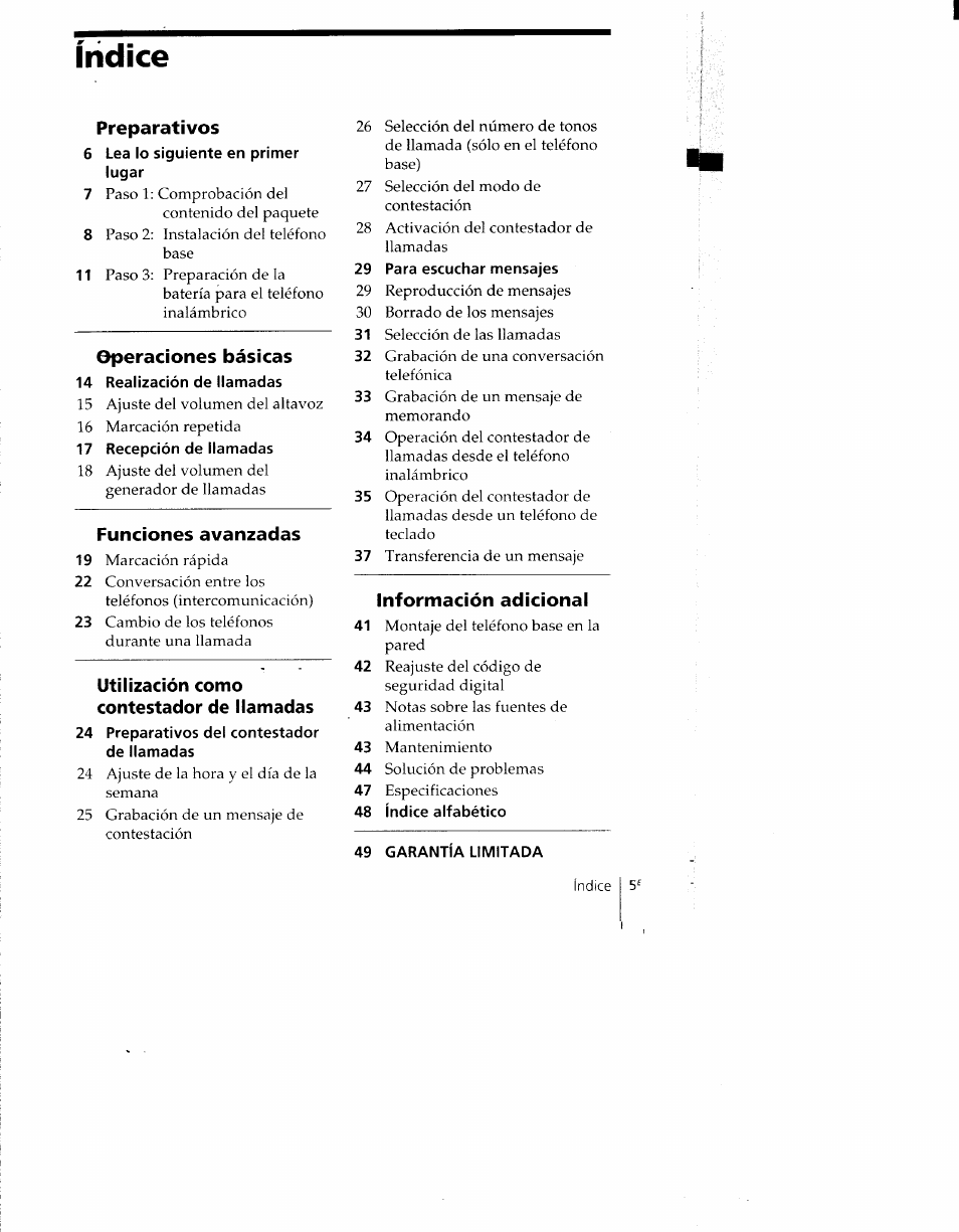 Indice, Preparativos, 6 lea lo siguiente en primer lugar | Operaciones básicas, 14 realización de llamadas, 17 recepción de llamadas, Funciones avanzadas, 29 para escuchar mensajes, Información adicional, 49 garantia limitada | Sony SPP-AQ600 User Manual | Page 53 / 98