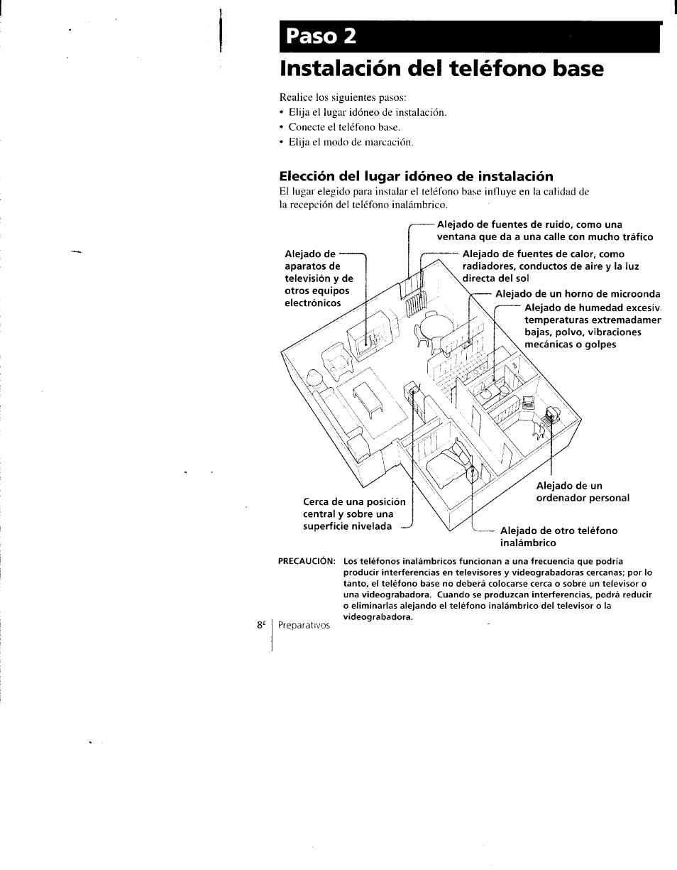 Instalación del teléfono base, Paso 2, Elección del lugar idóneo de instalación | Sony SPP-AQ600 User Manual | Page 56 / 98