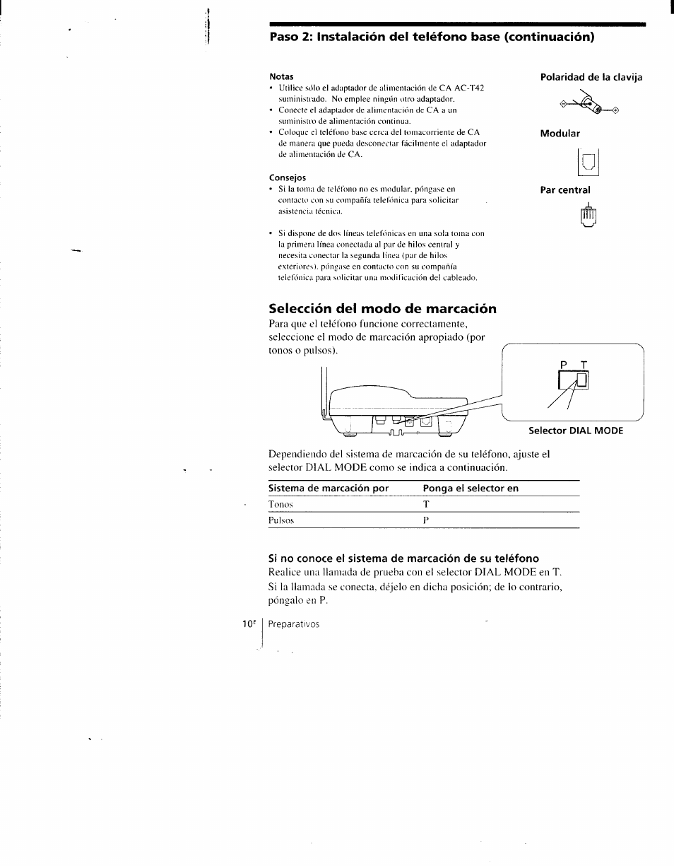 Selección del modo de marcación | Sony SPP-AQ600 User Manual | Page 58 / 98