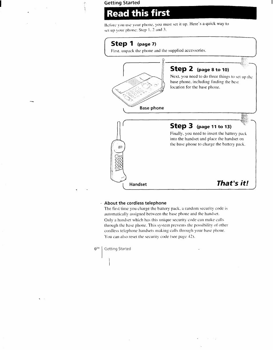 Read this first, About the cordless telephone, Step 1 | Sony SPP-AQ600 User Manual | Page 6 / 98