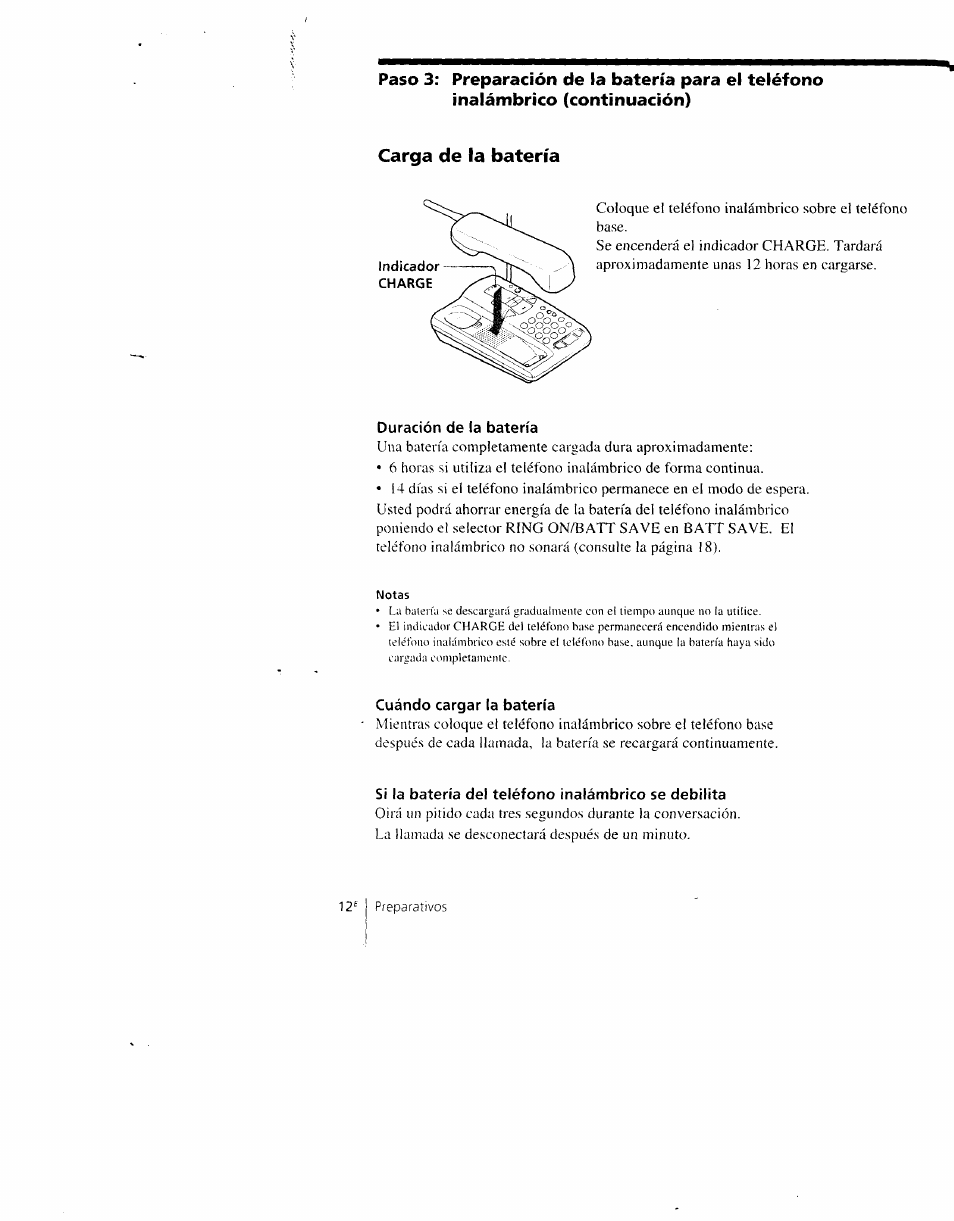 Carga de la batería, Duración de la batería, Cuándo cargar la batería | Sí la batería del teléfono inalámbrico se debilita | Sony SPP-AQ600 User Manual | Page 60 / 98