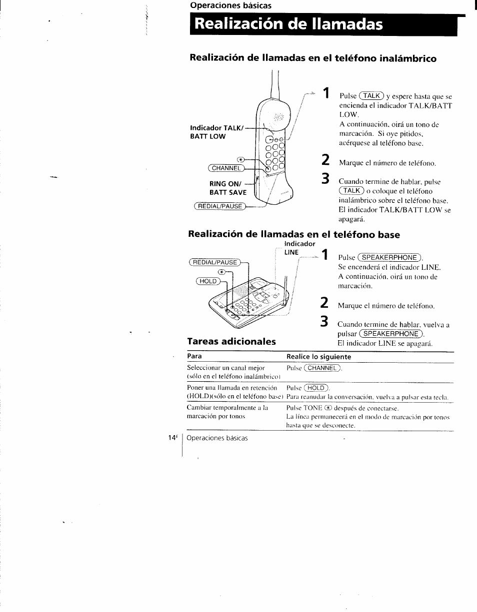 Realización de llamadas, Realización de llamadas en el teléfono inalámbrico, Realización de llamadas en el teléfono base | Tareas adicionales | Sony SPP-AQ600 User Manual | Page 62 / 98