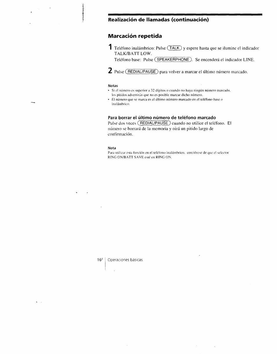 Marcación repetida, Para borrar el último número de teléfono marcado | Sony SPP-AQ600 User Manual | Page 64 / 98