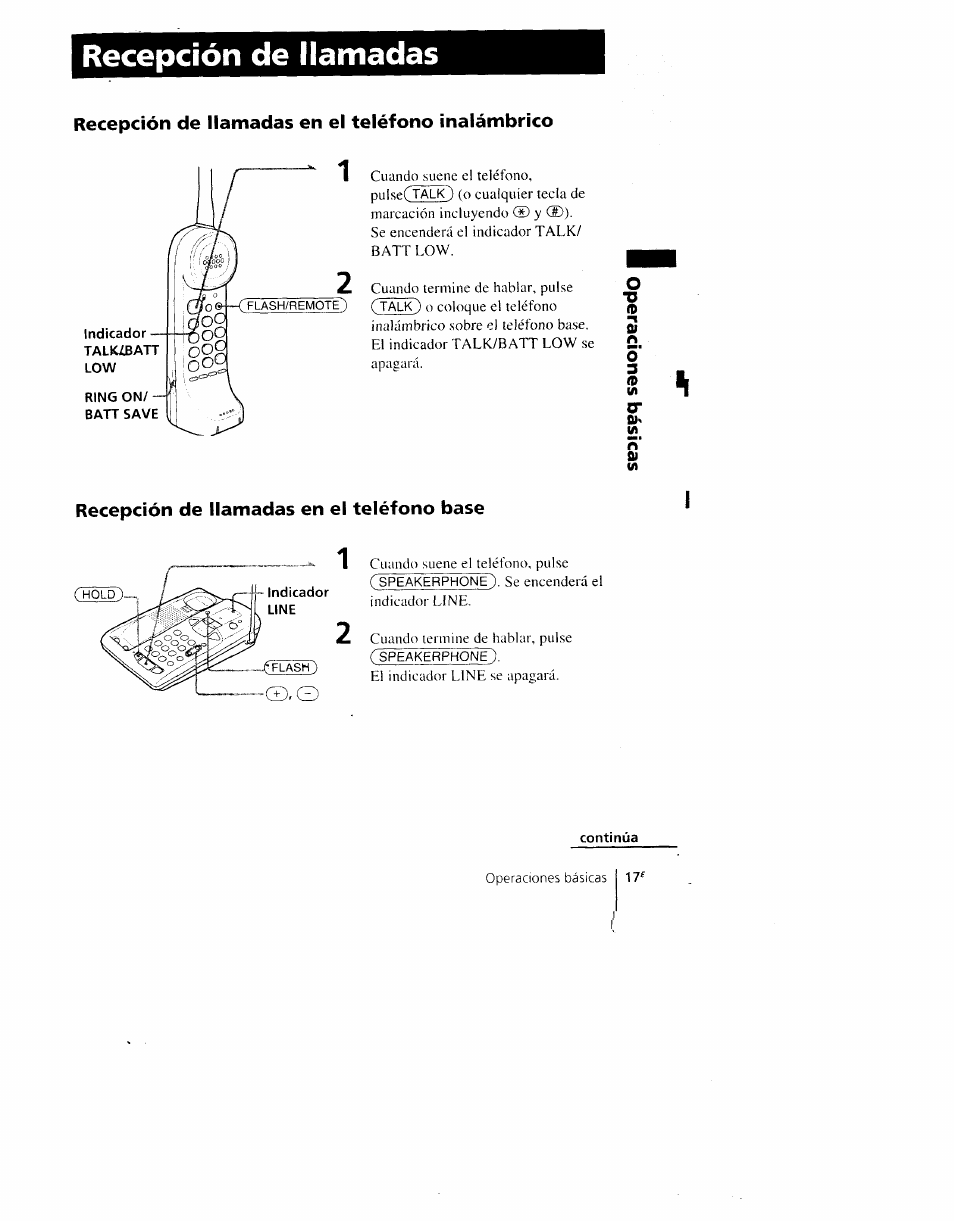 Recepción de llamadas, Recepción de llamadas en el teléfono inalámbrico, Recepción de llamadas en el teléfono base | Sony SPP-AQ600 User Manual | Page 65 / 98