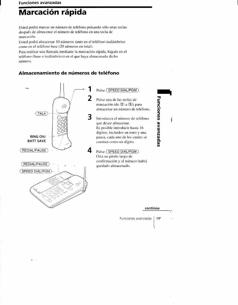 Funciones avanzadas, Marcación rápida, Almacenamiento de números de teléfono | Sony SPP-AQ600 User Manual | Page 67 / 98