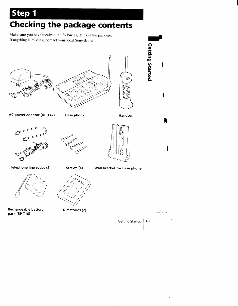 Checking the package contents, Step 1 | Sony SPP-AQ600 User Manual | Page 7 / 98