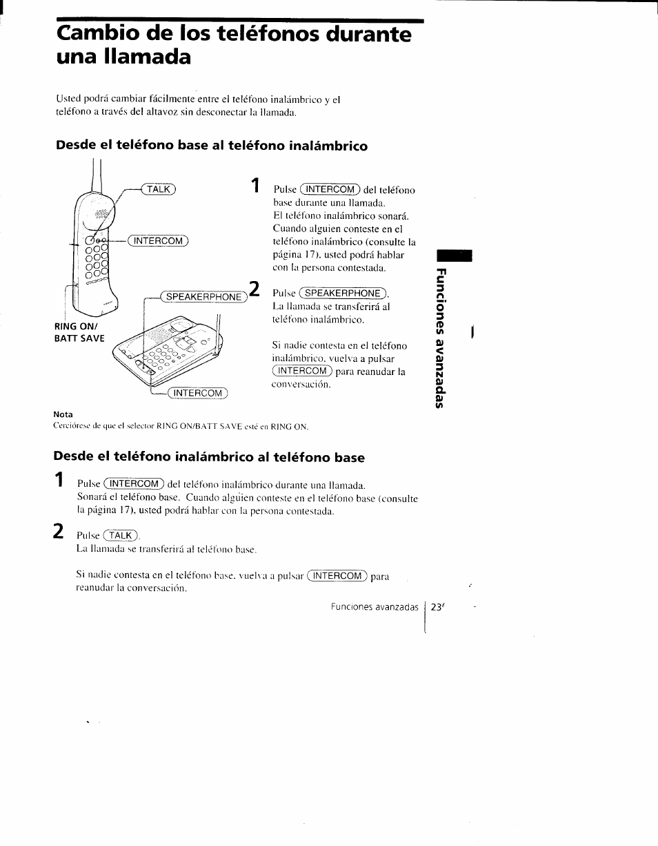 Cambio de los teléfonos durante una llamada, Desde el teléfono base al teléfono inalámbrico, Desde el teléfono inalámbrico al teléfono base | Sony SPP-AQ600 User Manual | Page 71 / 98