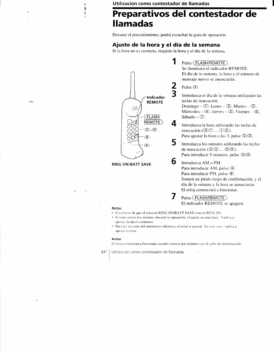 Preparativos del contestador de llamadas, Ajuste de la hora y el día de la semana | Sony SPP-AQ600 User Manual | Page 72 / 98