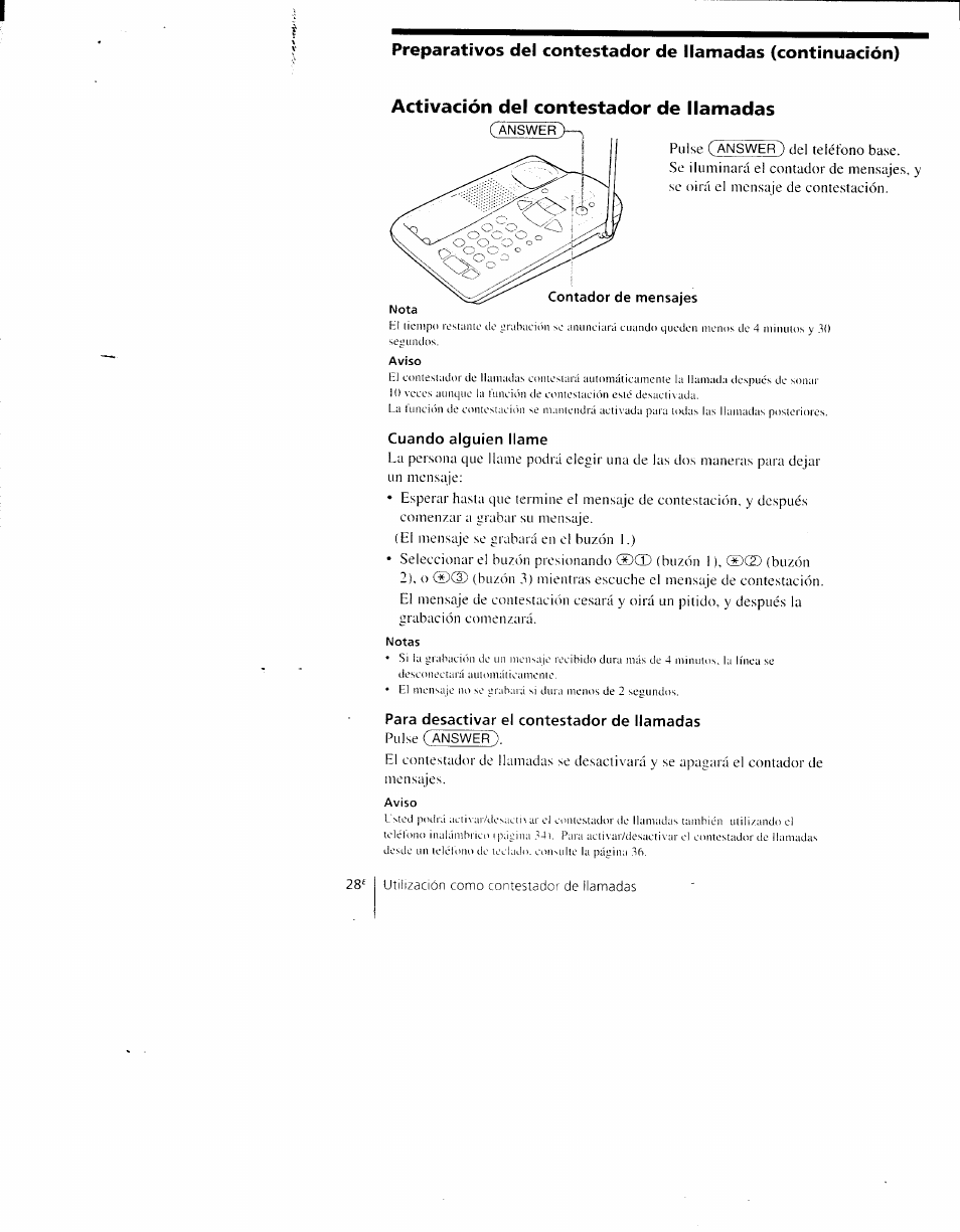 Activación del contestador de llamadas, Cuando alguien llame, Para desactivar el contestador de llamadas | Sony SPP-AQ600 User Manual | Page 76 / 98