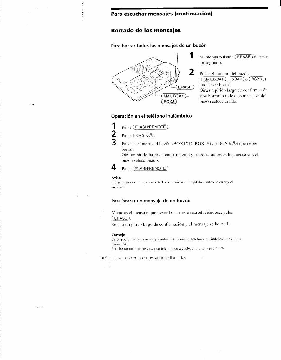 Borrado de los mensajes, Para borrar todos los mensajes de un buzón, Operación en el teléfono inalámbrico | Para borrar un mensaje de un buzón | Sony SPP-AQ600 User Manual | Page 78 / 98