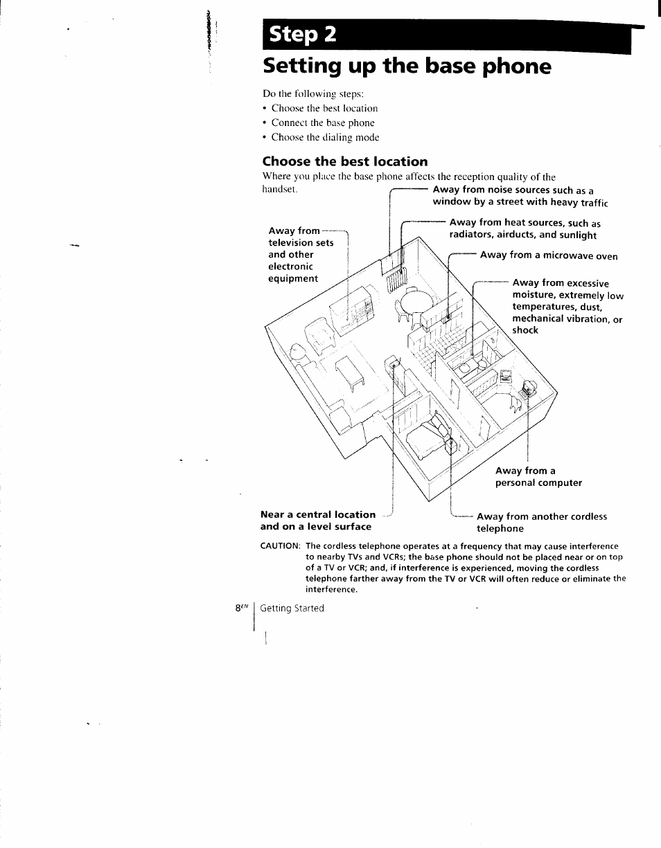 Setting up the base phone, Choose the best location, Step 2 | Sony SPP-AQ600 User Manual | Page 8 / 98