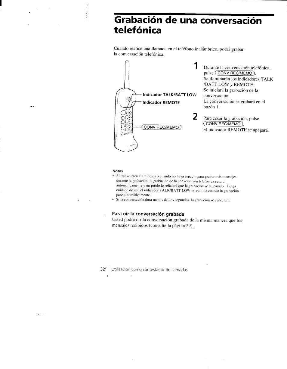 Grabación de una conversación telefónica, Para oir la conversación grabada | Sony SPP-AQ600 User Manual | Page 80 / 98