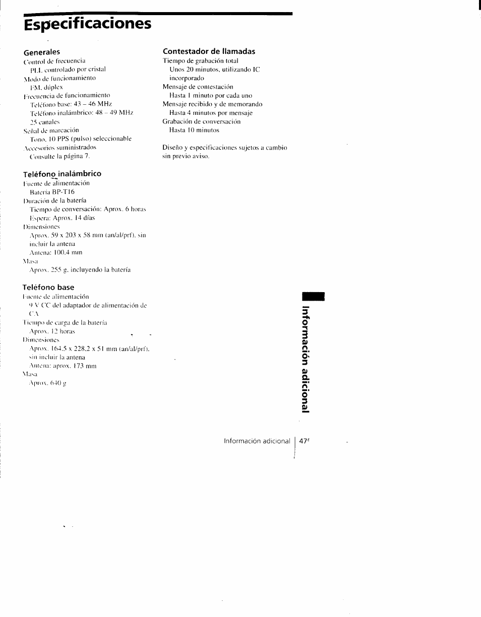 Especificaciones, Generales, Teléfono_inalámbrico | Contestador de llamadas, Teléfono base | Sony SPP-AQ600 User Manual | Page 95 / 98